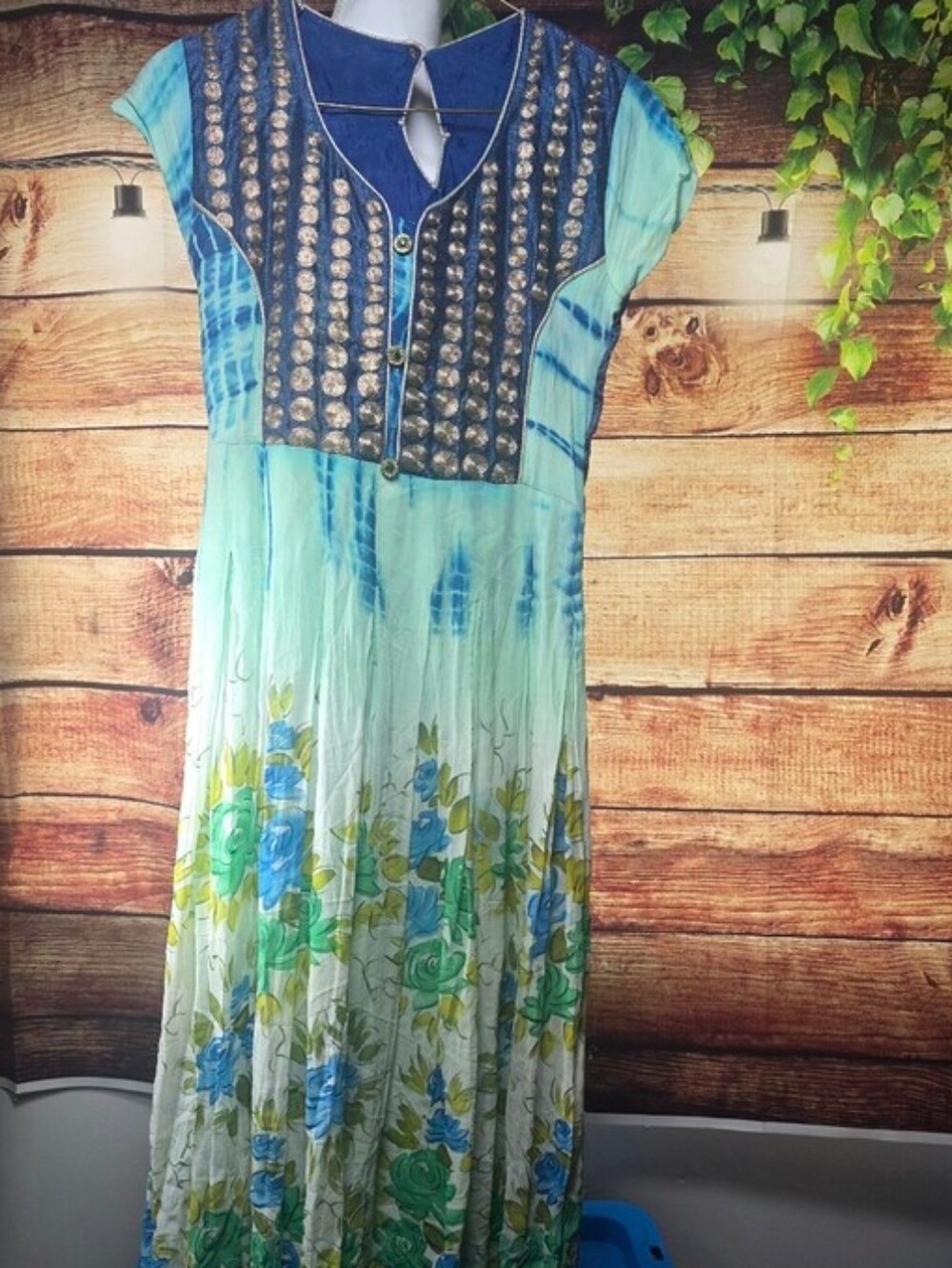 Embellished Blue & Green Floral Maxi Dress